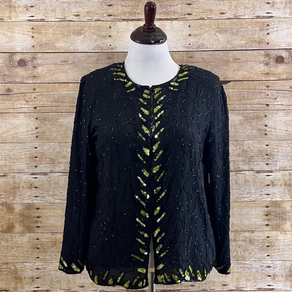 Vintage Black Beaded Evening Jacket Lime Green Sequin Trim Swirl Pattern‎ Large